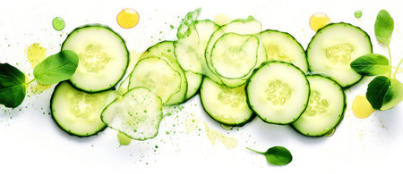 Fresh, Green Cucumber Slice on a White Background: Organic, Healthy Food with Raw, Ripe Vegetable Ingredient.の素材