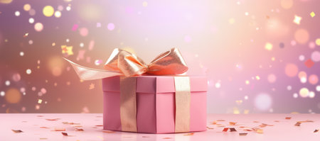 Surprise Gift Box with Festive Ribbon on Pink Background - A Beautiful Celebration of Love and Romance.の素材