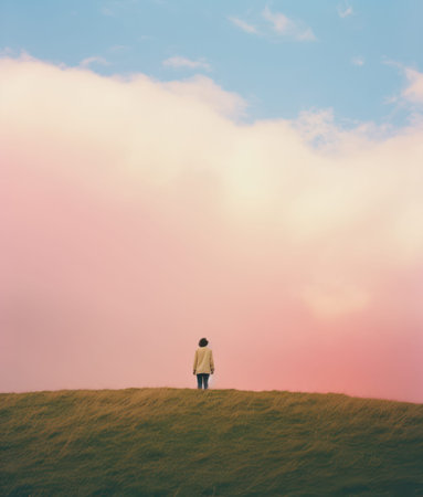 Standing in Solitude: A Sunset Silhouette on the Hillの素材