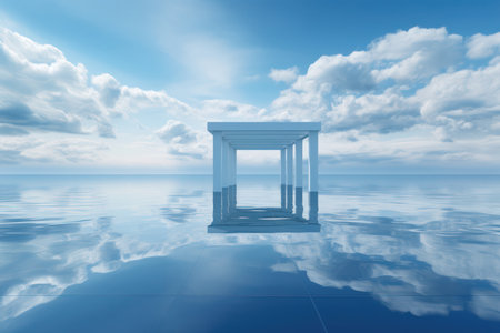Abstract Architectural Serenity: A Modern Sky of Blue and White, an Empty Interior with a Digital Illustration of Clouds, Rendering a Conceptual Empty Hall with Water and Concrete Perspective, Inside a Window of Openness and a Sea of Ideas, Balancing Old aの素材
