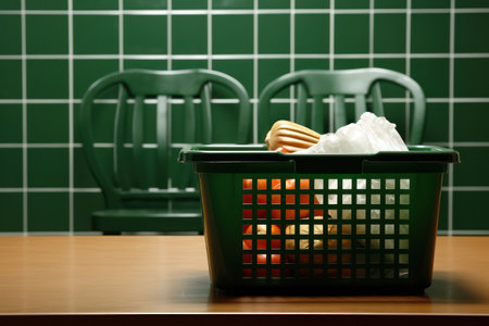 Clean and White: Hygiene and Housekeeping in a Messy Household, with Laundry Basket and Cleaning Equipment on Green Backgroundの素材