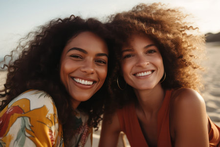Happy Friends Enjoying Outdoors: Two Young Beautiful Females Smiling and Laughing, Embracing in the Parkの素材