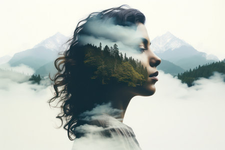 Abstract Serenity: A Thoughtful Portrait of a Young Woman in a Double Exposure, surrounded by Natures Beauty and Tree Branches in the Forestの素材