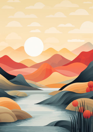 Tranquil Mountain Landscape: Majestic Peaks, Serene River, and Vibrant Sunrise in a Scenic Nature Sceneの素材