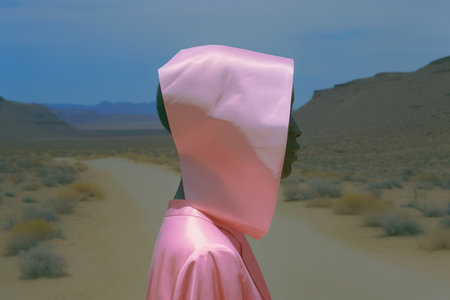 Desert Wanderer: A Young Woman Standing Alone, Embracing the Beautiful Scenic Sahara Sunset amidst the Dunesの素材