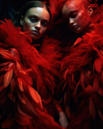 Young Redheaded Woman in Fashionable Barocco Dress, Posing with Elegance and Sensuality against a Bright Studio Background with Creative Reflectionの素材