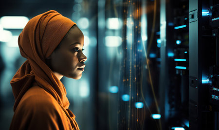 Contemplation in the Dark: A Beautiful Male Technician Surrounded by Futuristic Technology in a Cyber Security Server Roomの素材