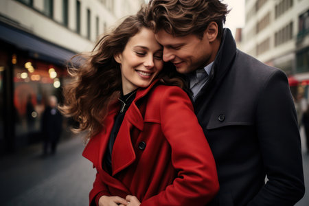 Loves Embrace: A Romantic Couple Enjoying a Sunset Walk in a Winter Parkの素材