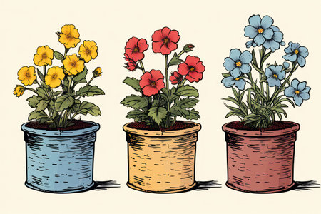 Blossoming Floral Delight: A Colorful Spring Bouquet in a Decorative Flowerpot with Fresh Blooming Flowers and Lush Green Leaves.の素材