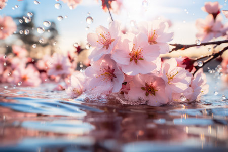Springs Delicate Blossoming Beauty: Pink Cherry Blossom Branch in Macro Closeup, Against White Background of Fresh Flora and Floral Petals.の素材