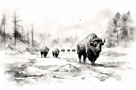 Powerful American Bison Bull in Winter Wonderland: Majestic Herd Grazing in Yellowstone National Parkの素材