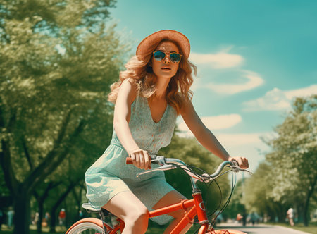 Sporting Lady in the Sunshine: Pretty Rider Enjoying an Active Ride in the Meadowの素材