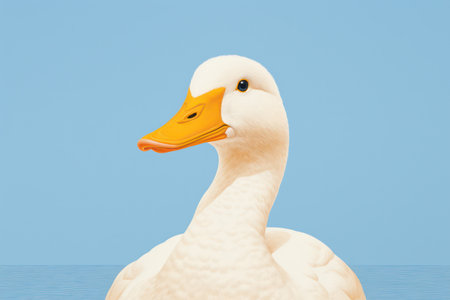 Graceful Beauty: Close-up Portrait of a White Domestic Duck with Orange Beak and Feathers, Against a Green Background, Reflected in the Tranquil Pondの素材