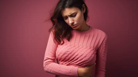 Upset Female Hand on Stomach: Portrait of a Young Caucasian Woman with Painful Expression of Unhappiness on Studio Backgroundの素材