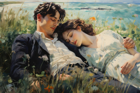Smiling Young Couple Expressing Love and Happiness in a Romantic Summer Sunset Fieldの素材