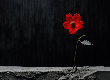 Remembrance Love: Isolated Pretty Single White Daisy, Close Floral Symbol in Black & Redの素材