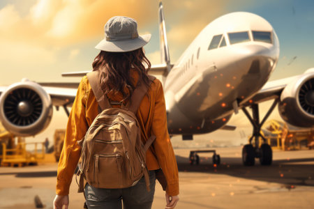 Travelers Departure: A Young Woman Standing at the Airport Terminal with Baggage, Waiting for Her Flight.の素材