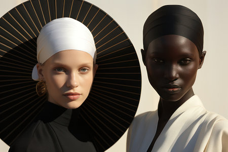 Beauty of Diversity: A Stylish Portrait of Two Young Women Embracing Friendship and Culture, With Sensual Elegance and Natural Hair, Wearing Hijab and Dress, Against a Black Backgroundの素材