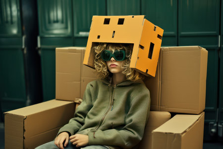 Virtual Beauty: A Cute Young Girl Playing a 3D Game with a VR Headset Indoorsの素材