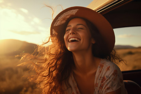 Cheerful Young Woman with Attractive Smile and Curly Afro Hair Enjoying Sunny Outdoors in Casual Yellow Attireの素材