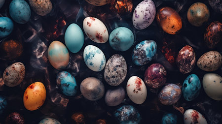 Colorful Easter Egg Celebration on Rustic Wooden Background with Nest and Vintage Birdの素材