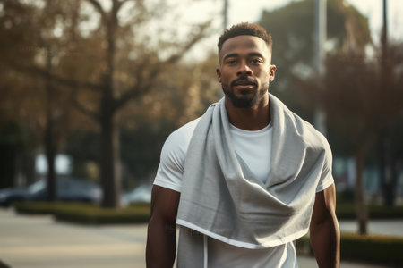 Cheerful, handsome young man with a stylish beard, wearing a black shirt, standing confidently in a modern urban park on a sunny day.の素材