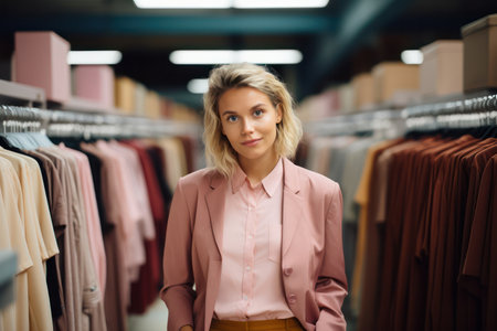Stylish Young Woman Shopping for Fashionable Clothes in a Colorful and Modern Womens Clothing Storeの素材