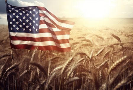 American Summer: A Patriotic Girl Holding the Flag of the United States in a Golden Wheat Field, basking in the Suns Warmth and Embracing the Spirit of Freedom and Independence.の素材
