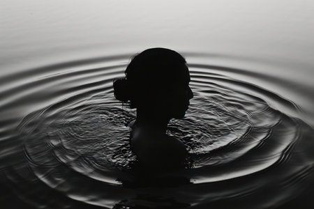 Serene Summer: A Young Womans Tranquil Reflections in the Blue Ocean Sunsetの素材