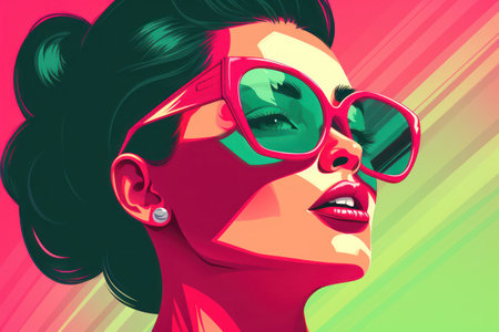 Stylish Womans Portrait with Retro Sunglasses: A Pretty Lady with Trendy Hairstyle and Makeup in a Colorful Illustrationの素材