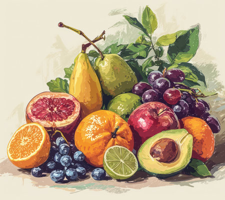 Colorful Tropical Fruit Assortment: Fresh and Juicy Fruits on a Vibrant Backgroundの素材