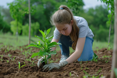 Green Growth and Care: A Young Caucasian Girl Planting Organic Seedling with Responsibility and Joy in a Beautiful Gardenの素材