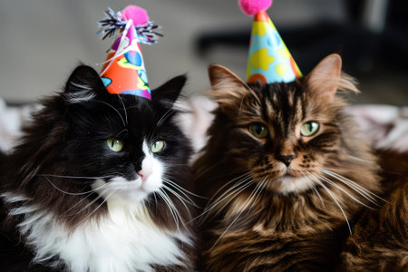 Smiling White Kitten in Festive Birthday Hat, Celebrating with a Funny Portraitの素材