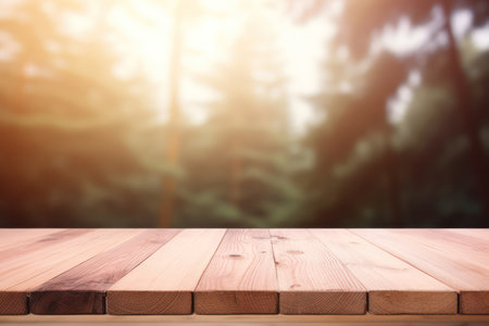 Natures Embrace: A Rustic Wooden Table in a Sunlit Garden, Showcasing the Beauty of an Empty Top, Surrounded by Greenery and Abstract Bokeh".の素材
