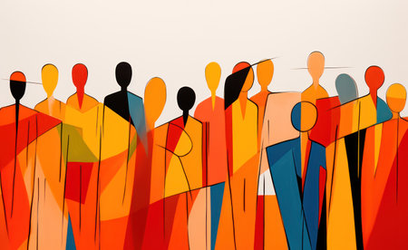 United Diversity: A Colorful Silhouette of Business Leaders Leading a Diverse Team in a Vibrant Communityの素材