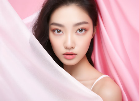 Beauty and Elegance: Young Asian Female Model with Pretty Face and Clean, Clear Skin on White Backgroundの素材