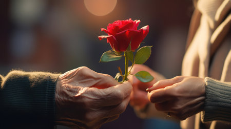 Beauty in Blooms: A Red Rose Symbolizes Love and Care, Held in the Hands of a Young Woman, Surrounded by a White Floral Bouquetの素材