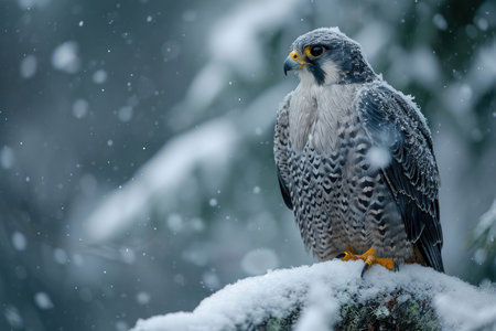 Hunters Gaze: Majestic Eurasian Goshawk, Snowy Predator, Perched on Winter Tree, Scanning for Prey in Cold Forest.の素材