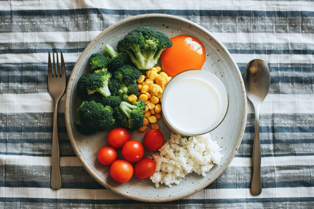 Healthy Vegetarian Salad with Fresh Broccoli and Organic Ingredients on a White Wooden Plateの素材