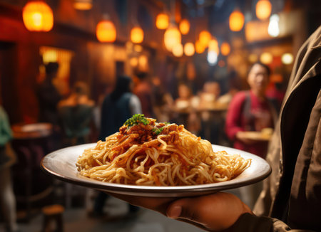 Delicious Asian Dish: Traditional Meal with Fresh Noodles, Chinese Sauce, and Gourmet Meat in a Tasty Closeup Bowl.の素材