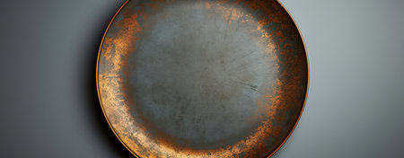 Vintage Black Iron Plate on Wooden Table: Rustic Kitchenware and Delicious Fry on Dark Backgroundの素材
