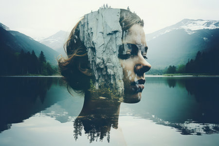 The Multilayered Beauty of a Young Woman: A Creative Portrait of a Female Model with Double Exposure Effect on a White and Black Backgroundの素材