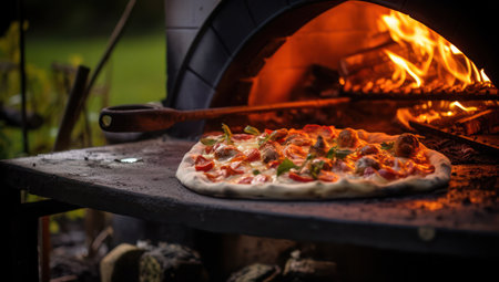 Traditional Wood-Fired Pizza Oven: Hot Flames, Delicious Italian Cuisine, and Tasty Cheese on Brick and Stone Background.の素材