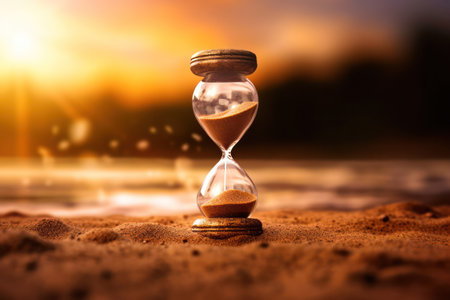 Times Flow: An Antique Hourglass Amidst the Suns Setting Silhouetteの素材