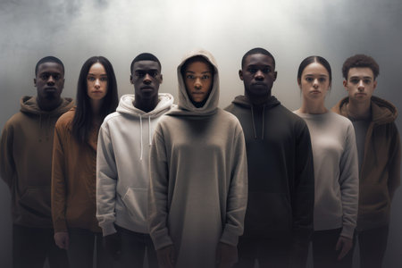 Cool Urban Style: Serious Young Adults Outdoors, Looking Together with Intense Expressions in a Group Portraitの素材