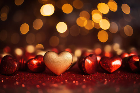 Romantic Love Celebration: Red Valentines Day Card with Shiny Heart Bokeh on a Pink Backgroundの素材