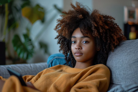 Lonely, Sad, Afro-American Woman Sitting on a Black Couch, Reflecting Emotions of Upset and Depression in a Cozy, Well-lit Living Roomの素材