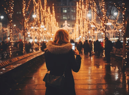Festive Winter Night in Christmas City: Illuminated European Street Celebrationの素材