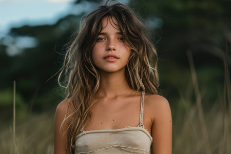 Summer Beauty: A Pretty, Attractive Caucasian Lady Posing with Elegance in a Green Field under a Blue Skyの素材