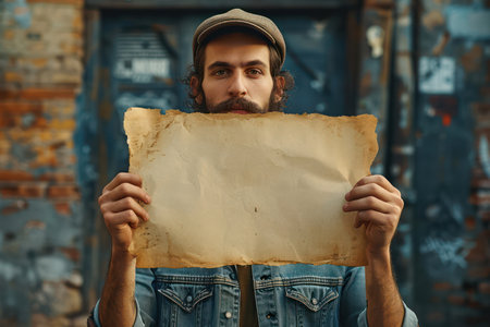 Bearded, Happy Male Courier Holding a Pizza Box, Standing in White Uniform on Yellow Backgroundの素材
